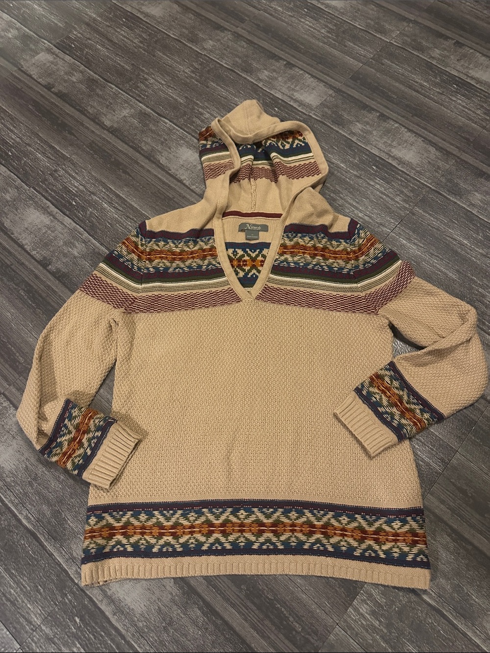 Natural Reflections Beige V-Neck Hooded Sweater with Multicolor Fair Isle